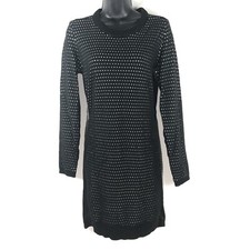 Walter Baker M Sweater Dress bodycon ls black white dot midi knitted New