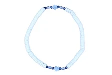 Puka Shell Anklet w Blue Flowers - 9", White Smooth Seashell - Hawaiian Surfer