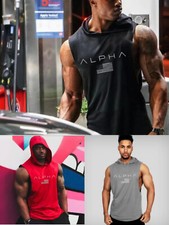 Men Gym Hooded Tank Top Sleeveless vest Bodybuilding Cotton Workout Fitness