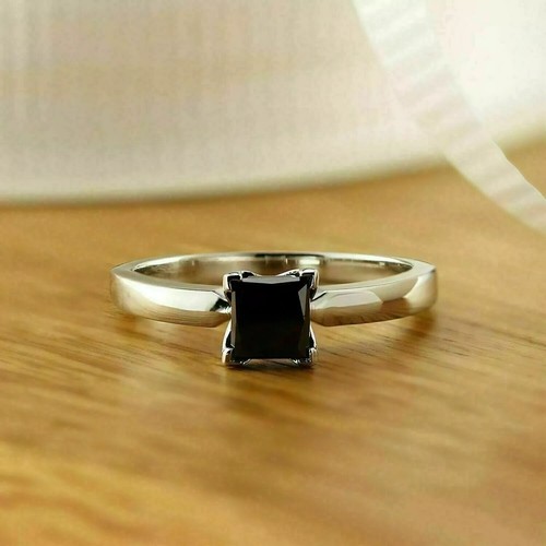 1.5Ct Lab Created Princess Black Diamond Engagement Ring 14K White Gold Finish - Picture 2 of 8