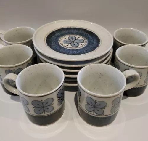 Otagiri Demitasse Cups & Saucers Set Of 6 MCM Blue Speckled Atomic Stoneware