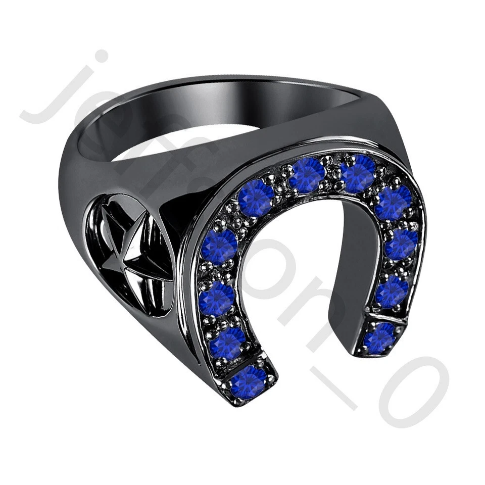 Anillo de herradura de oro negro de 14 quilates de zafiro azul creado en laboratorio de 0,50 quilates sobre 2 estrellas para hombre Foto 3 de 4
