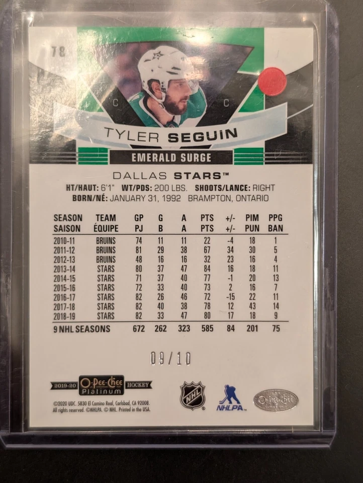 2019-20 O-Pee-Chee Platinum #78 EMERALD SURGE Tyler Seguin 9/10 Dallas Stars NHL - Image 2 of 2