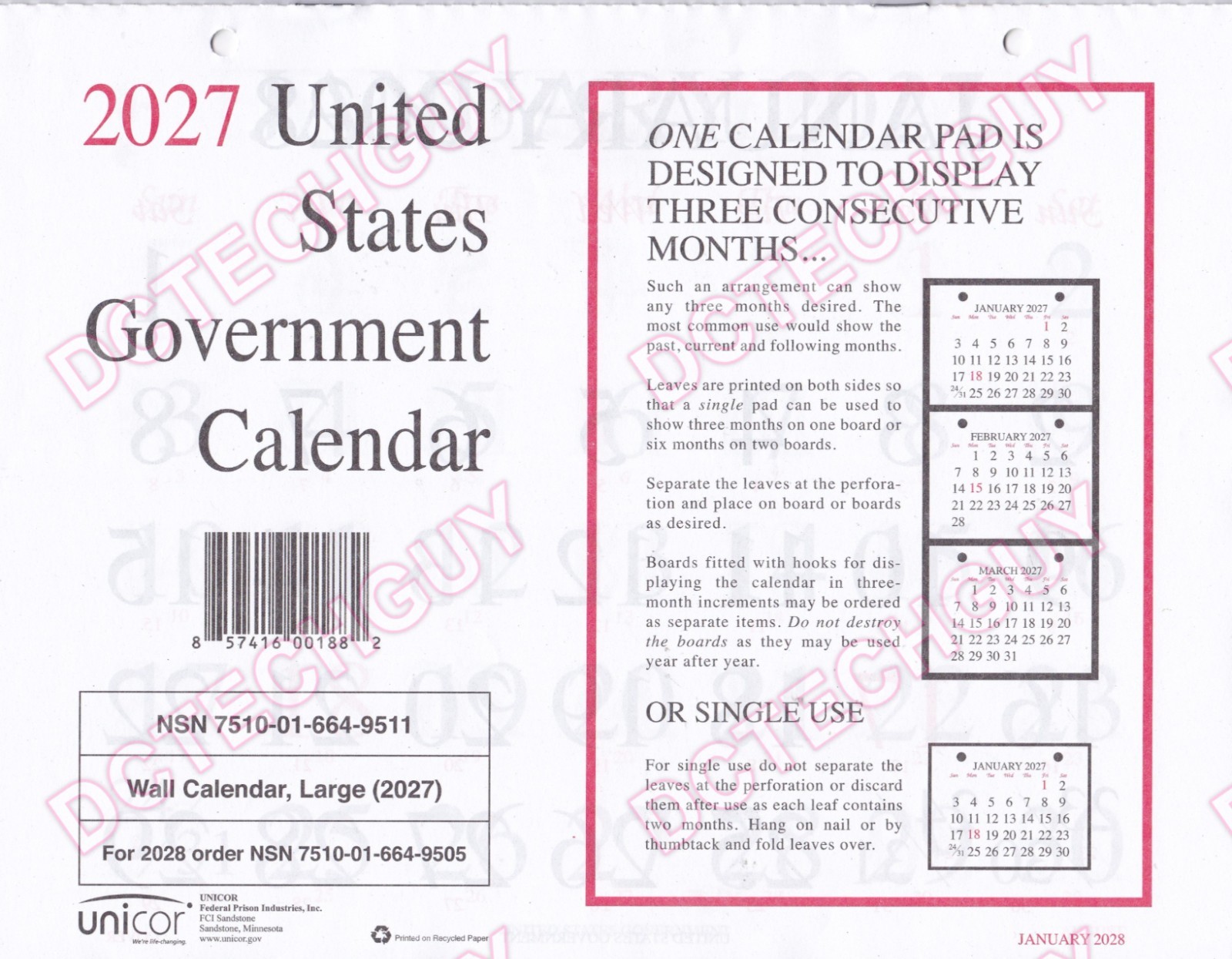 Unicor 2027 Government Wall Calendar, Qty=1, Single, Displays 3 Months FastShip