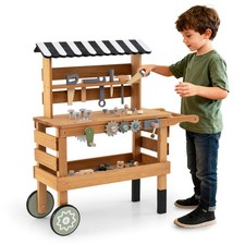 2-in-1 Wooden Kids Cart  Tool Bench Play Workbench w/Realistic Tools Top Canopy