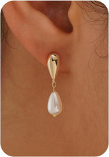 Pearl Earrings-14K Gold Plated Dainty Pearl Drop Simple Wedding CZ Dangle Dangli