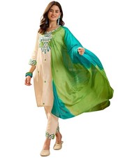 Women's Cotton Blend Floral Embroidered Kurta Pant and Dupatta Set