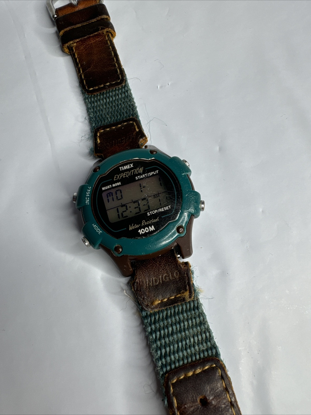 Timex Watch Women Plastic Green Brown Leather 100m Light Alarm Chron Date Quartz