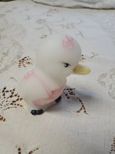 Fenton Satin Glass Duckling Hand Painted Pink Apron Duck Figurine