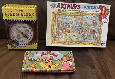 VTG 90s Arthur Marc Brown Schylling Lot Of 3 Alarm Clock, Puzzle, Empty Tin READ