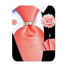 5PCS Mens Silk Designer Tie, Pocket Square, Solid Coral Tie Set -411 5