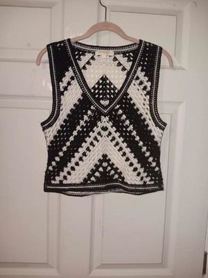 Rebellion Crocheted Crop Top Black And White Geanny Squares Sz L