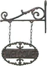 Double Sided Hanging Welcome Sign Ornate Cast Iron 7.25" Wide Brown 