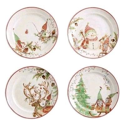 Pottery Barn S/4 Forest Gnome Salad Plates 9.5" NIB Christmas Spirit Snowman