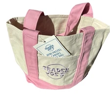 TRADER JOES Mini Canvas Tote Bag Spring 2025 Pastel Pink NWT Purple Embroidery