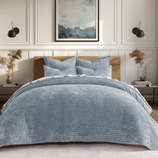 Luxurious Velvet King Quilt Set, Soft Striped Comforter  Shams, Blue Linen