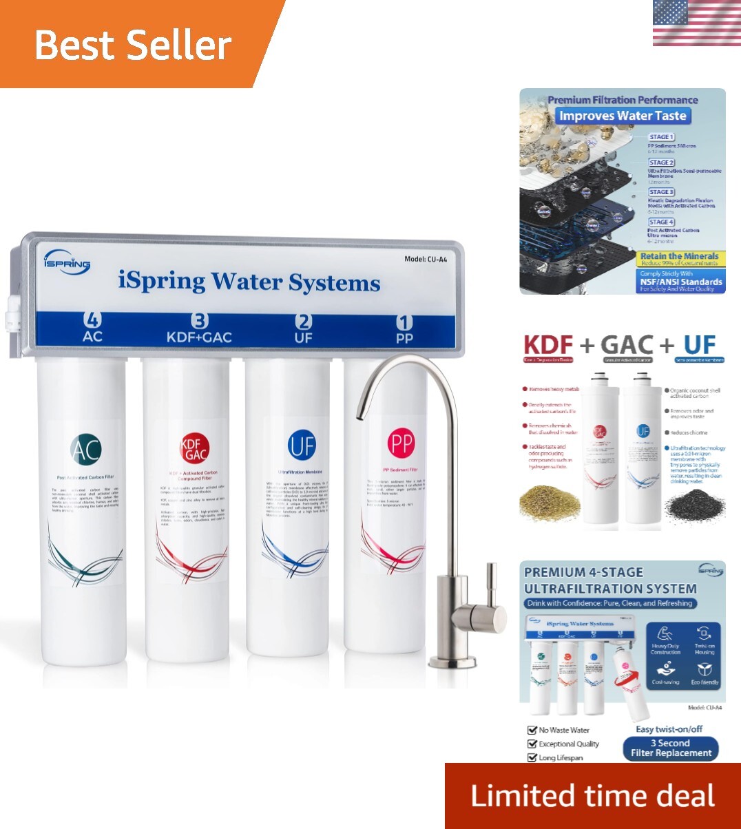 0.01μm Ultra-Filtration Under Sink Water Filter System, Tankless 4-Stage High...