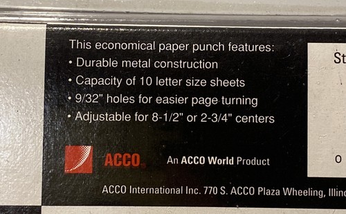 Acco Paper Punch 3 Hole Adjustable 10 Sheet Capacity Black 50505-74016 NEW - Picture 2 of 4