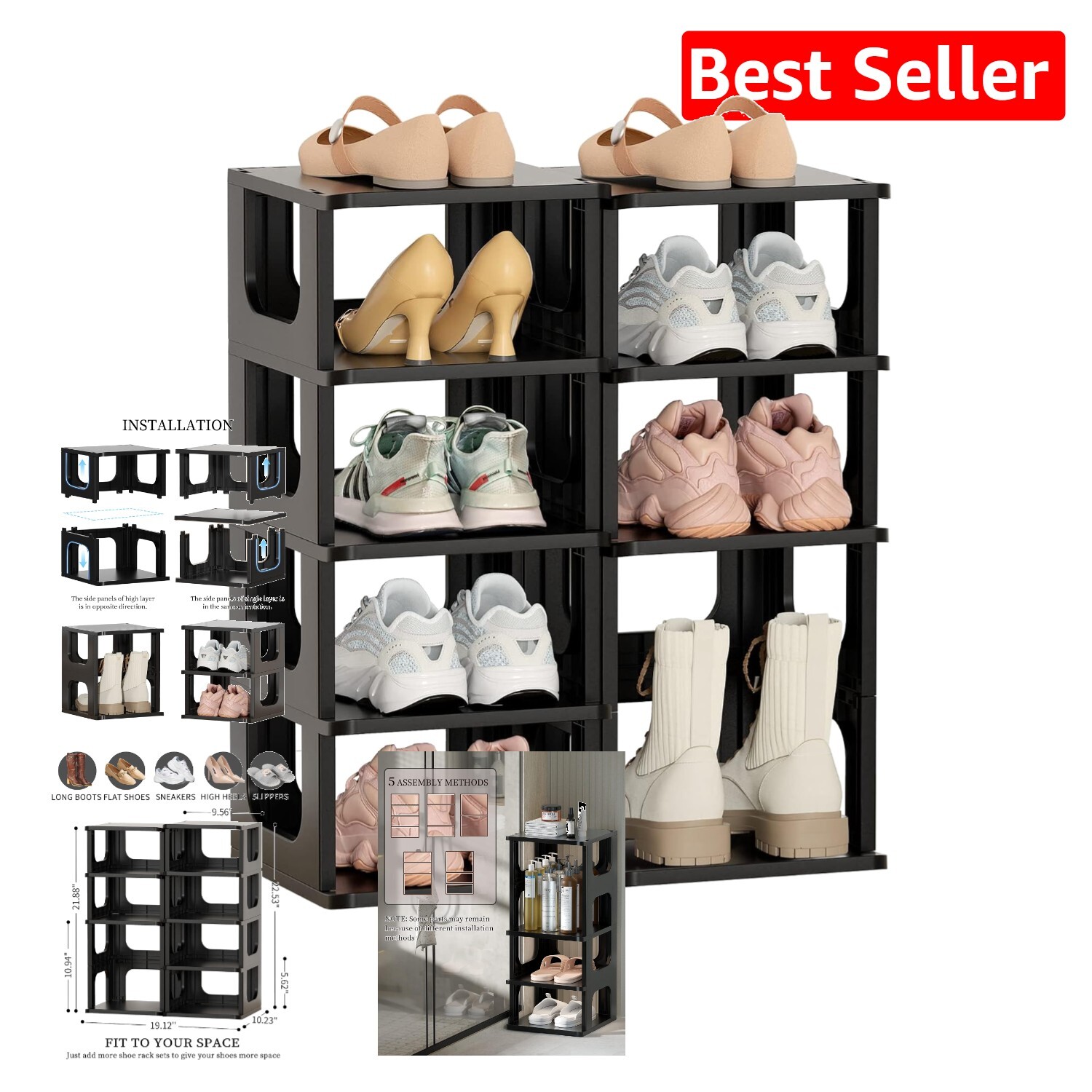 Compact Stackable Shoe Organizer for Kids & Women Black Vertical Space-Saving Holder-image
