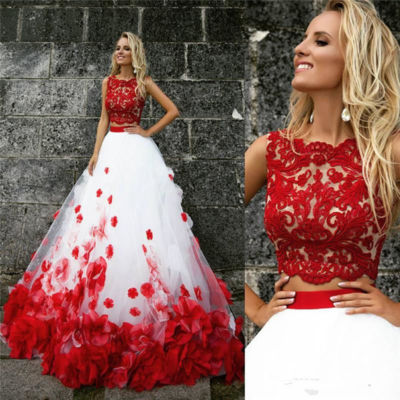 Luxury Red And White Flowers Two Pieces Lace Tulle Wedding Dresses Bridal  Gowns- | eBay