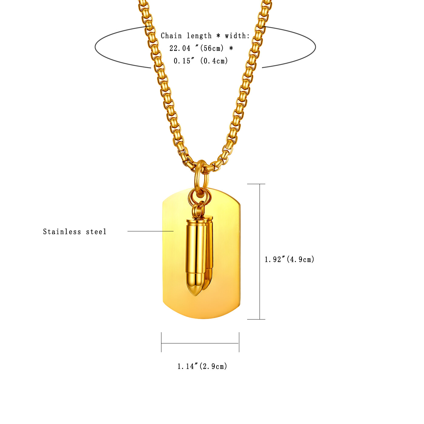 Men Army Military Gold Tone Bullet Dog Tag Pendant Necklace Chain Free Engraving
