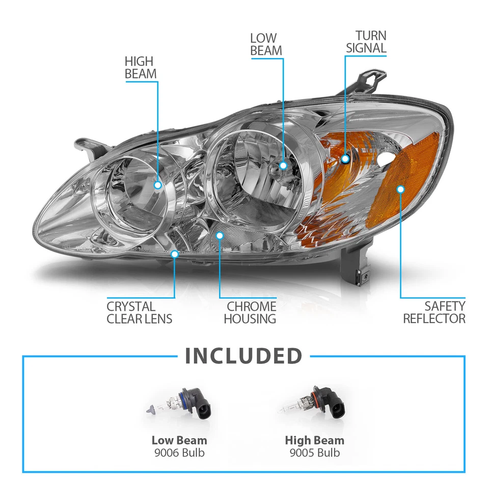 [w/Bulbs]For 2003 2004 2005 2006 2007 2008 Toyota Corolla Chrome Headlights Foto 4 de 4