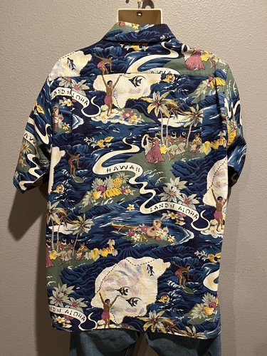 Men's GO BAREFOOT "Land Of Aloha" Blue/Multi Button Down Hawaiian Shirt Size M - Picture 6 of 7
