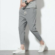 Men's Linen Harem Pants Cropped Elastic waist Summer Casual Plain Trousers