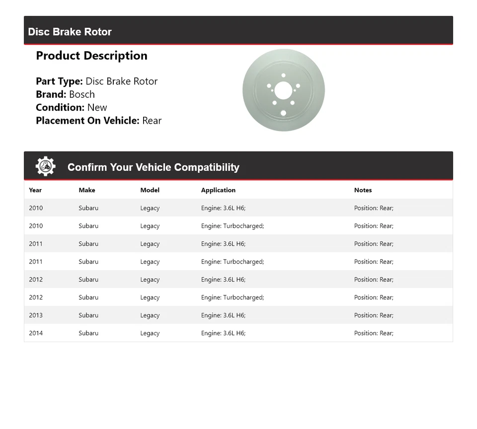For 2010-2014 Subaru Legacy Bosch QuietCast Disc Brake Rotor Rear 2011 2012 2013 - Image 2 of 4