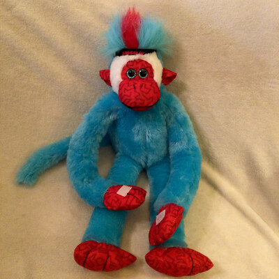 Hanging Monkey Plush 18  Stuffed Animal Teal Blue & Red Hook & Loop