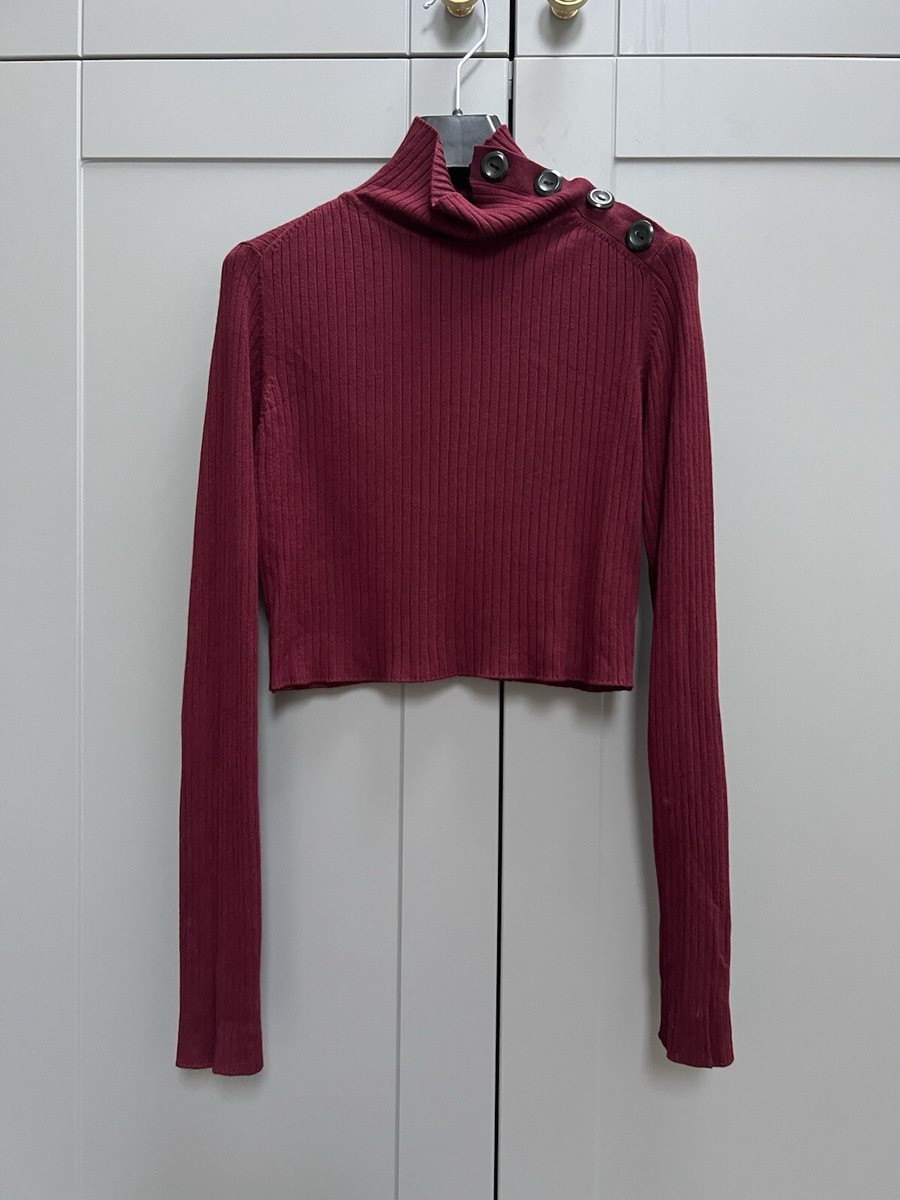 ZARA Burgundy Knit Ribbed High Neck Crop Top Jumper Sweater With Buttons S