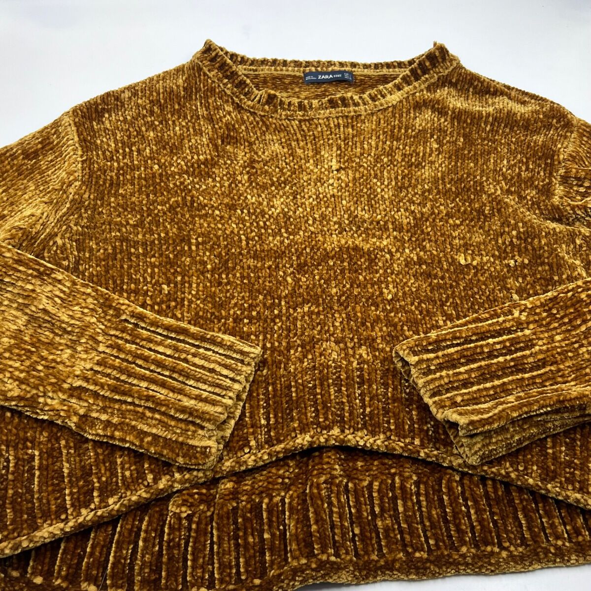 Zara Womens Knit Chenille Sweater Size L Brown Gold Ribbed Zara Womens Knit Chenille Sweater Size L Brown Gold Ribbed