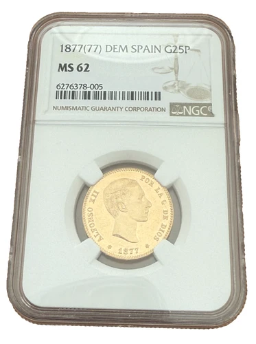 Spain 1877 (77) Gold 25 Pesetas NGC MS62 Alfonso XII