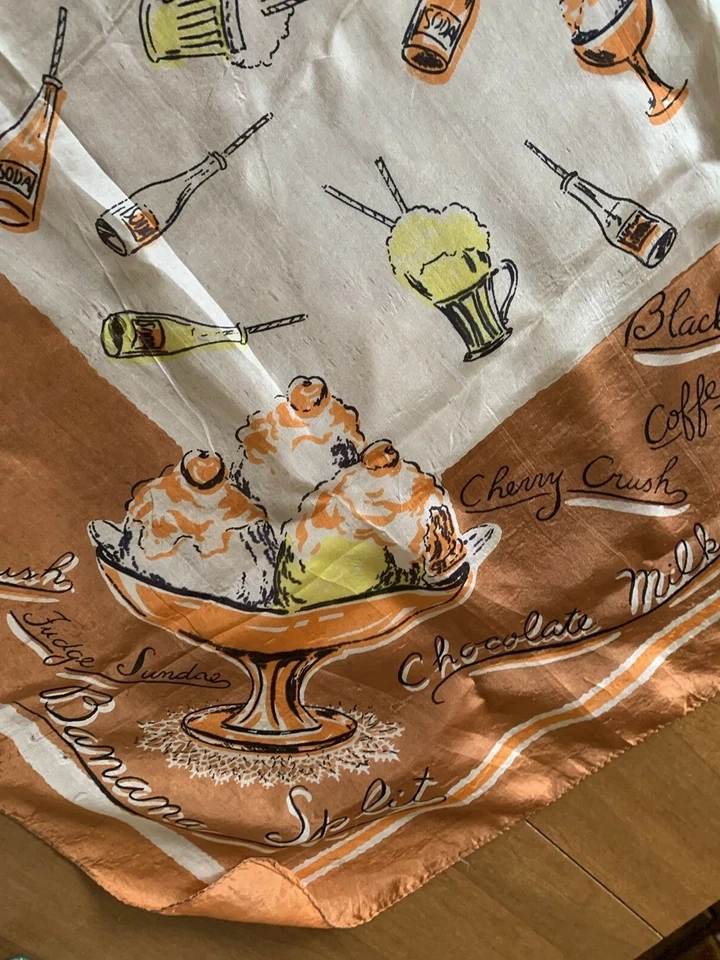 Vintage Scarf Soda Fountain Ice Cream Sundae Banana Split Print Malted Fudge - Imagem 3 de 4