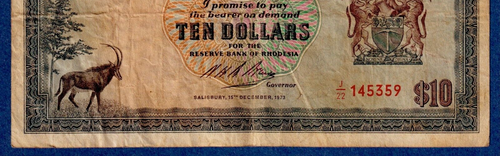 Rhodesia $10 (1973) P-33f (15th Dec 1973) , Circulated Banknote J/22 145359 - 第 3/3 張圖片
