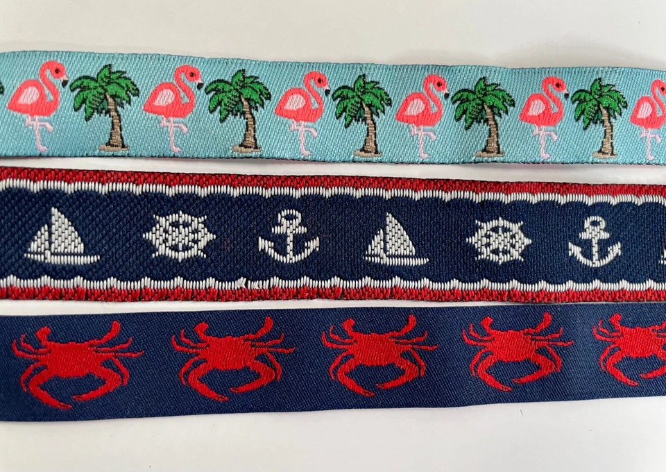 Jacquard Ribbon nautical crab flamingo palm blue dog 5/8" collar sailboat  - Image 2 of 3