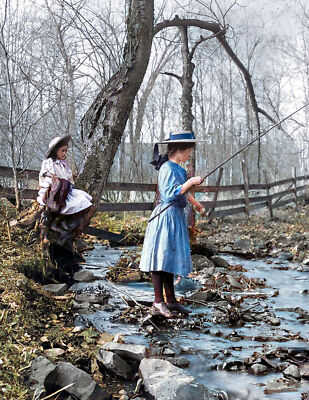 1900-1920 Two Sisters Fishing, New York Old Photo 8.5'' x 11'' Reprint Colorized