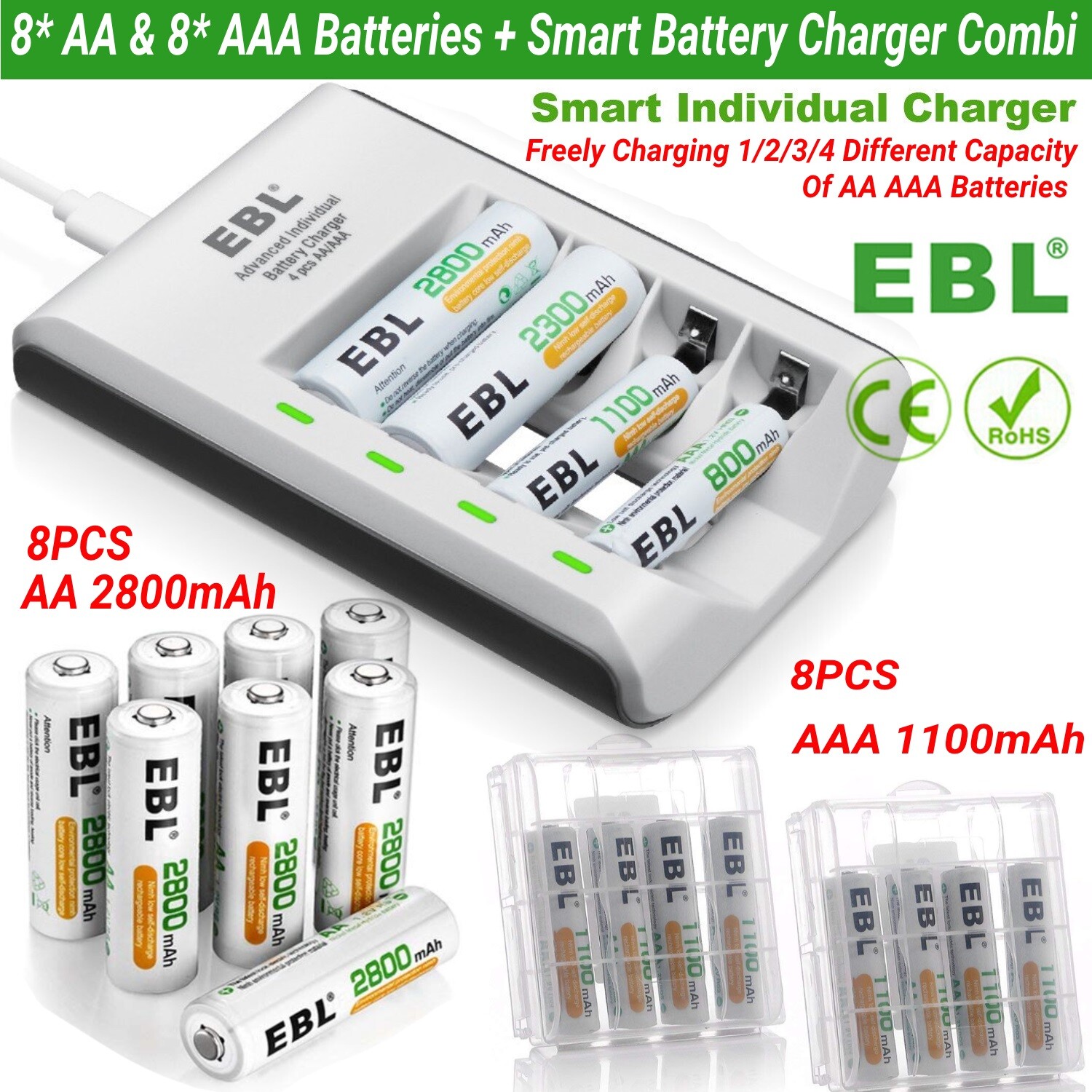 EBL 8x 1.2V Rechargeable AA AAA Batteries + NiMH NiCd AAA AA Battery Charger