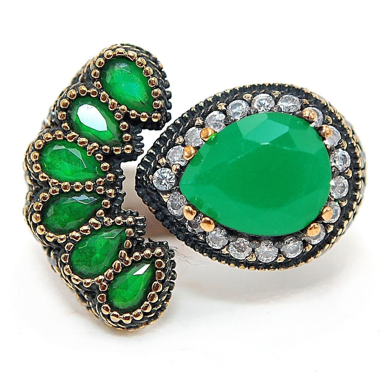 Vintage Ottoman Empire Style 4CT Treated Emerald 925 Sterling Silver Ring Size 8 HB2-4