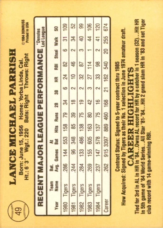1985 Donruss Lance Parrish 102 Baseball Cards #49 - Image 2 of 2
