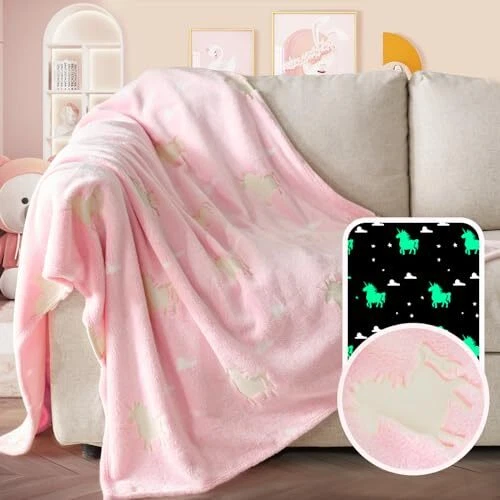 Glow in The Dark Blanket Unicorn Gifts for Girls Age 6-8, Soft Unicorn Kids