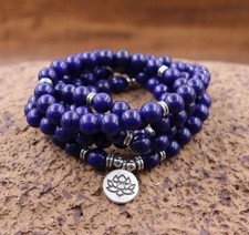 108 Mala Beads Lapis Lazuli Stone Beaded Lotus Pendant Necklace for Healing