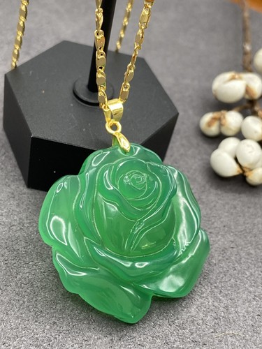 Jade Rose Flower Pendant Charm Necklace W/ 18K Gold Plated Chain Handmade Carved - Picture 5 of 7