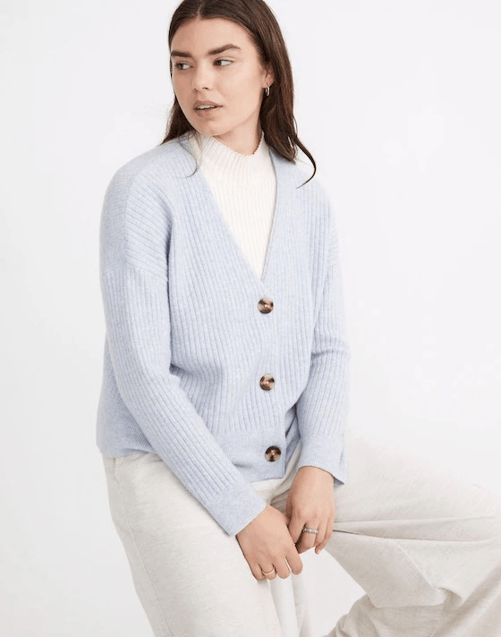 Madewell Cameron Ribbed Cardigan Sweater Coziest Yarn size M Hthr Serene Blue
