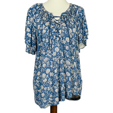 Chaps Corset Tie Tunic Sz XXL Blue Floral Tiered Flutter Sleeve Asymmetric Hem