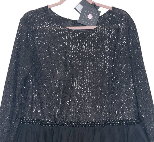 Abito vestito donna Ieena Mac Duggal taglia 16 nero paillettes volant a strati 26299 $498 - Foto 6 di 10