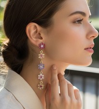 Flower Earrings Floral Gold Multicolor Garland Dangle Stud Multi Gem Art Deco CZ