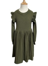 Danna Belle Girls Ribbed Knit Dress 6Y Olive Green Ruffle Shoulder Long Sleeve