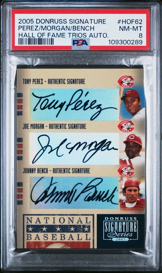 Johnny Bench - Joe Morgan - Tony Perez PSA 8 Triple Auto 05 Donruss Salón de la Fama Foto 2 de 3