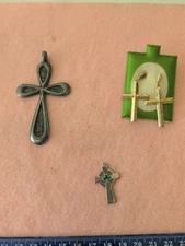 3 Religious Cross Jewelry Items, Sterling Irish, Earrings And Large Pendant